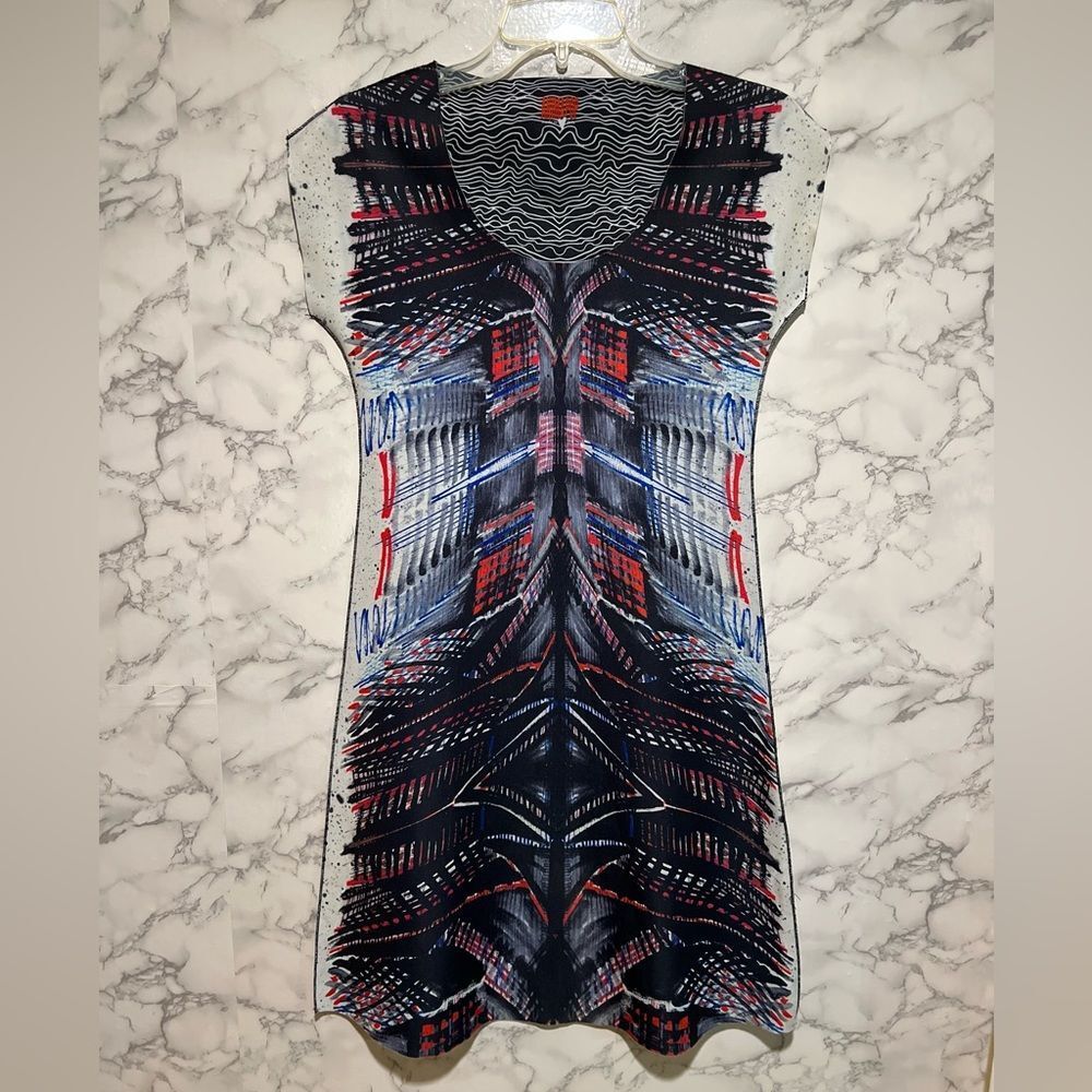 Abstract Print Mini Dress - Navy, Red & White